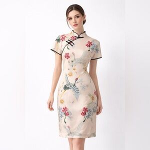 Cheongsam Crane Print Dress Mandarin Collar Frog Closure Vintage Inspired